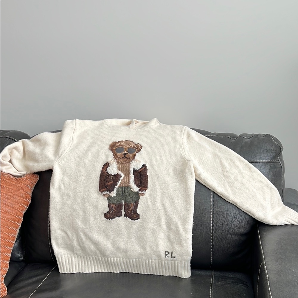 Polo by Ralph Lauren Cream and Brown Crewneck Sweater with Bear Graphic